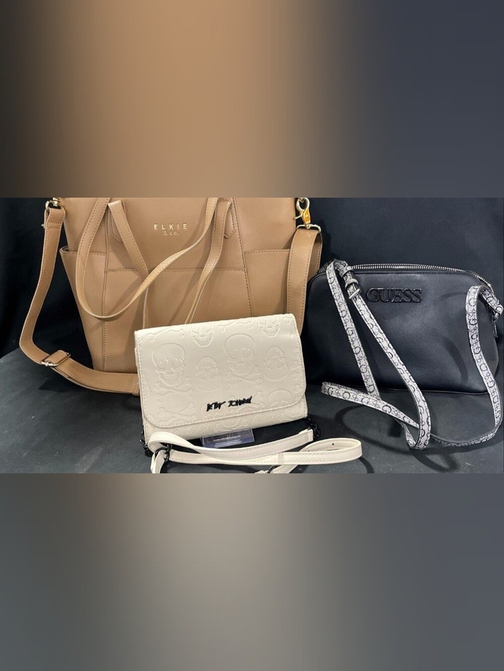 Elkie Beige Tote Bag with White Crossbody and Black Guess Pouch - Set of 3